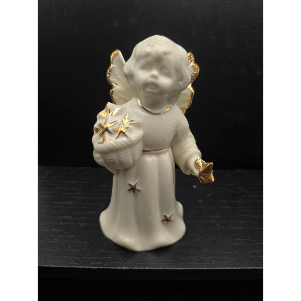Vintage Ceramic Porcelain Angel holding Stars Gold Trimmed Bell ~ 4.0
